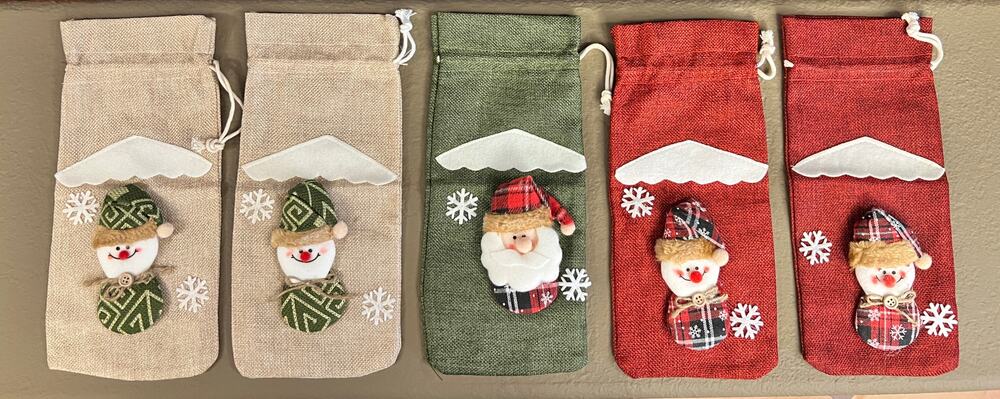 Set of 5 Christmas Wine Olive Oil Bottle Gift Bags Santa Snowman Holiday Decor